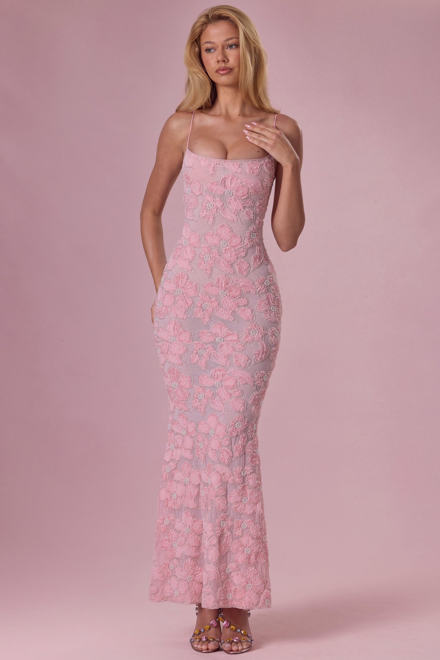 Embellished Square Neck Maxi Dress in Blush Pink