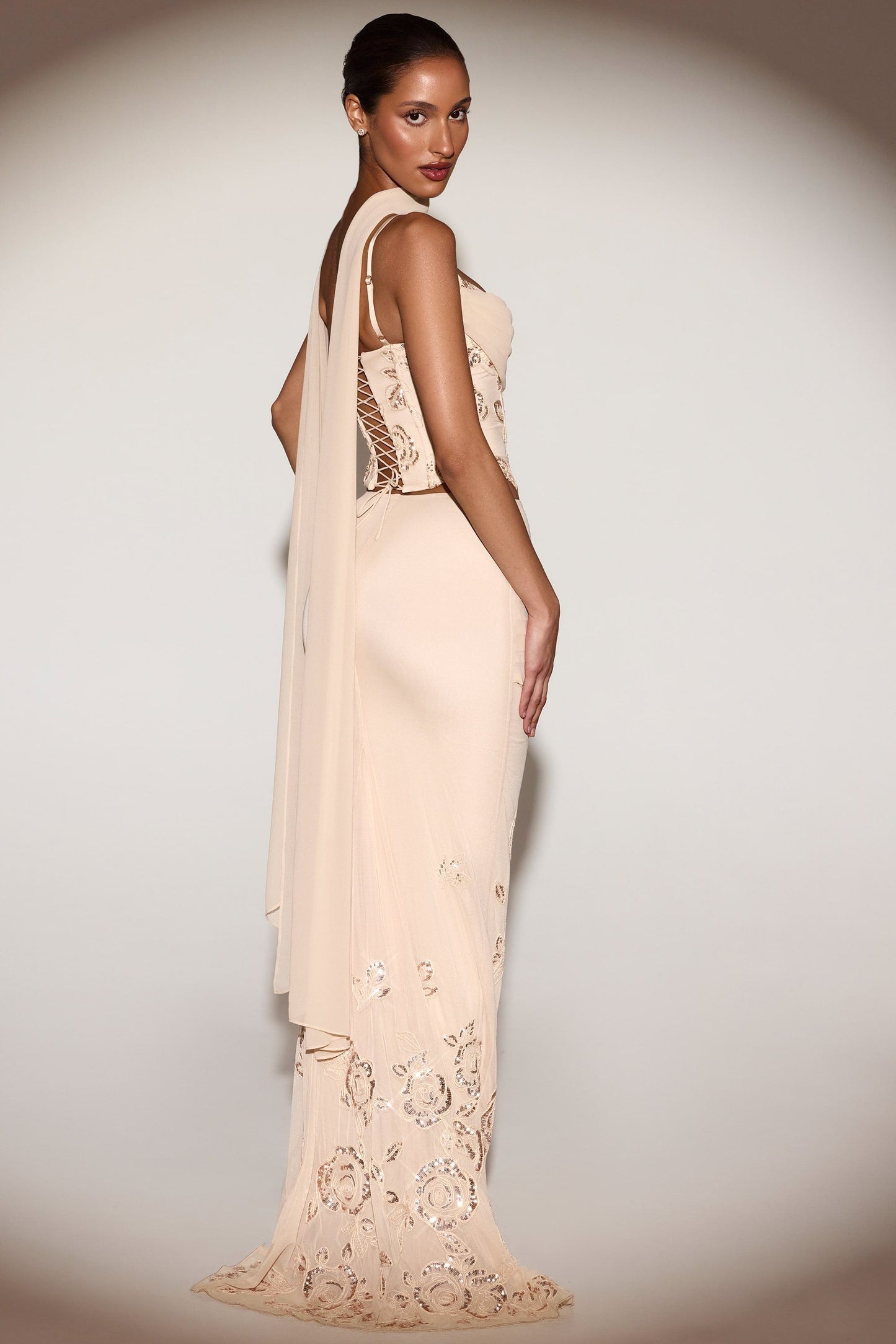 Embellished Lace-Up Corset Top With Scarf in Gold