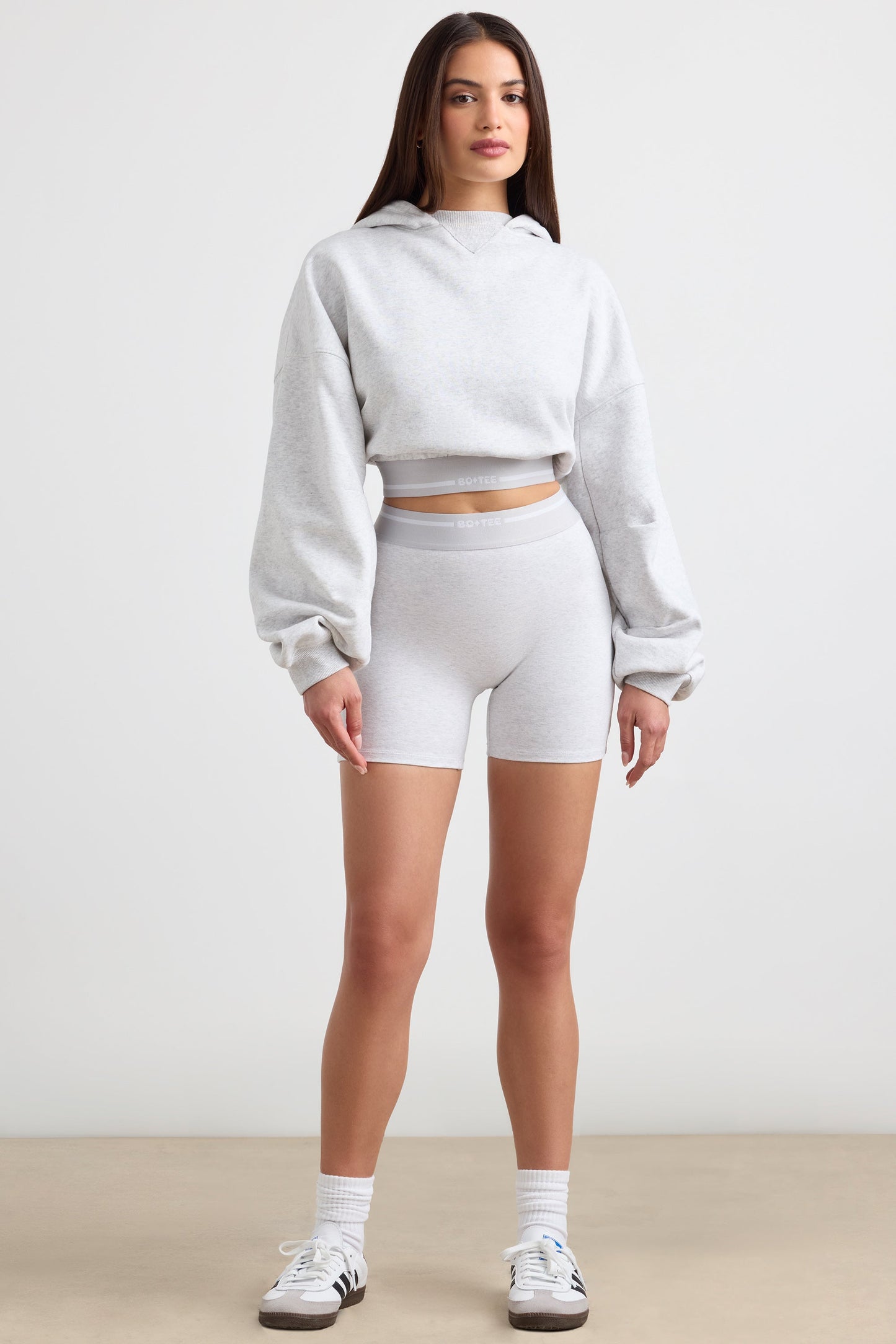 Stretch Cotton Fleece Cropped Hoodie in Grey Marl