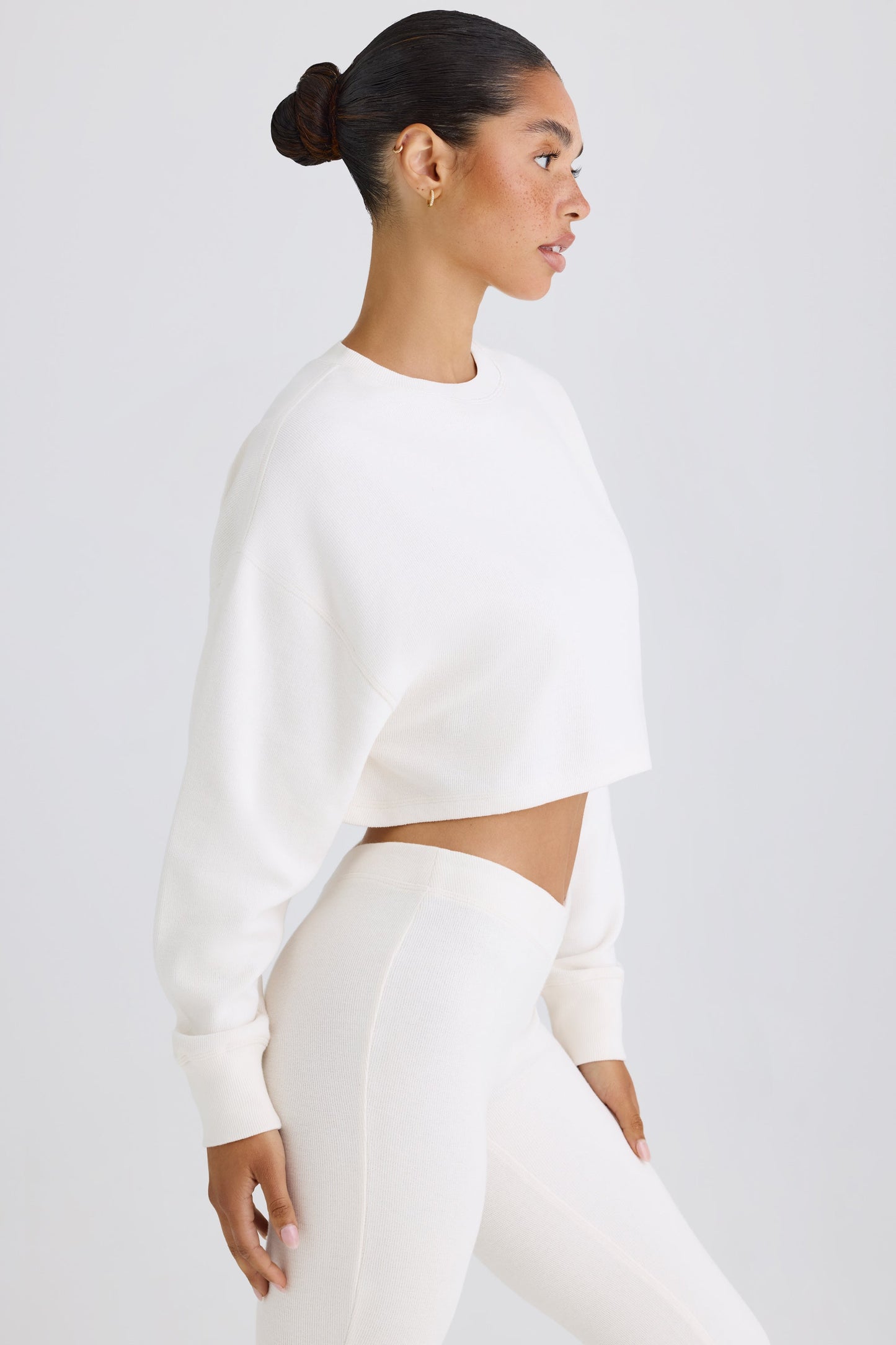 Textured Cotton Jersey Open-Back Cropped Sweatshirt in White
