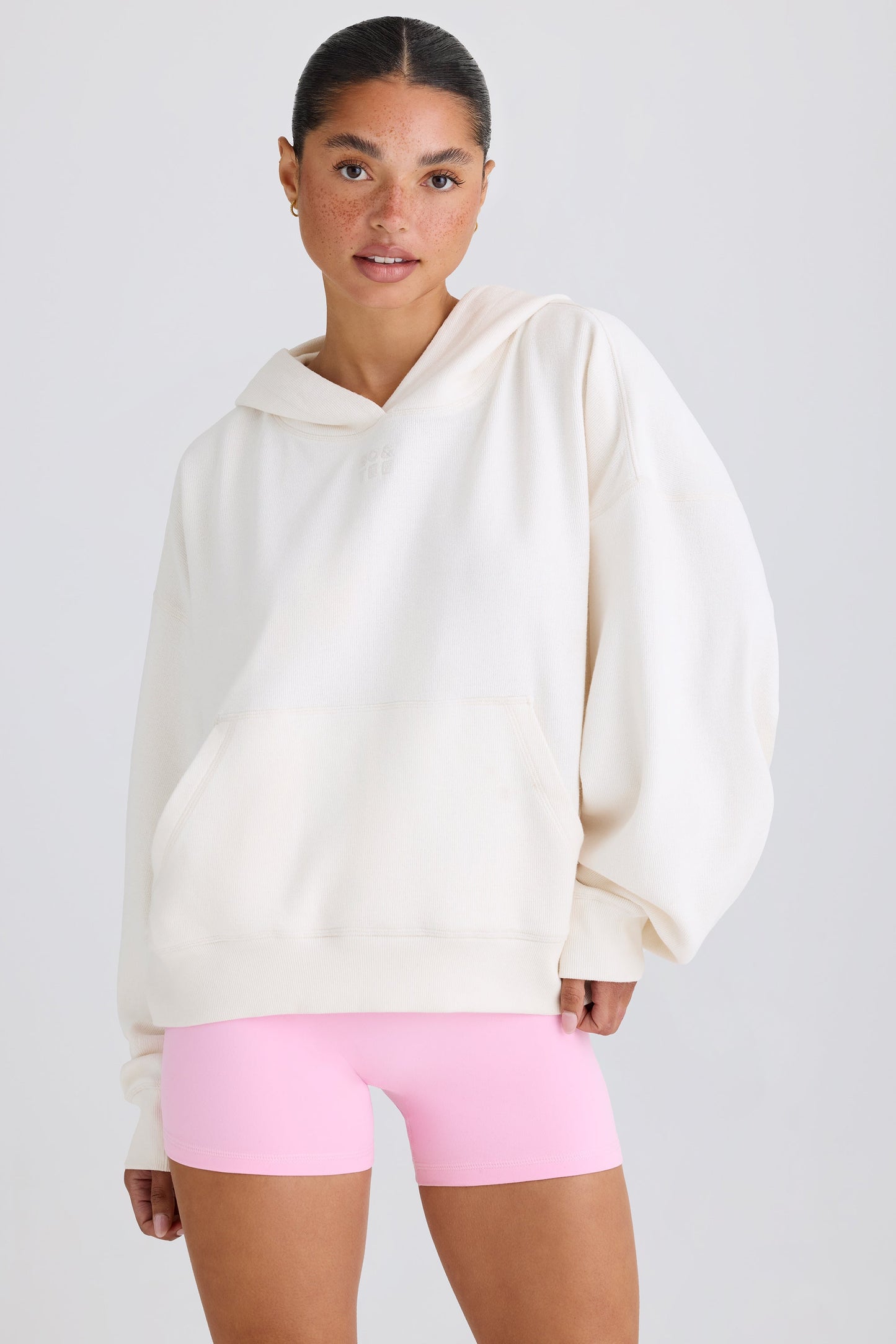 Textured Cotton Jersey Graphic Print Hoodie in White