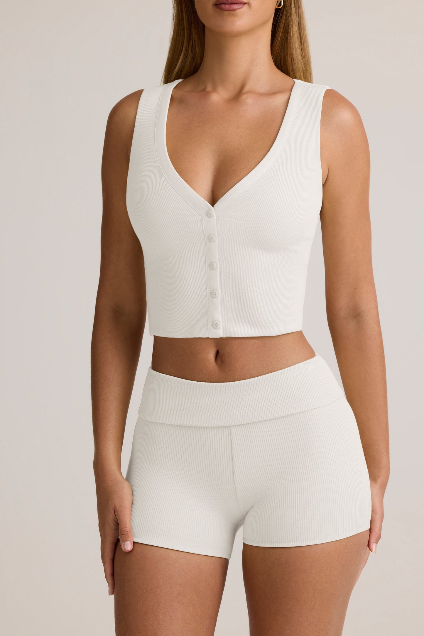 Modal Ribbed Mid-Rise Foldover Shorts in White