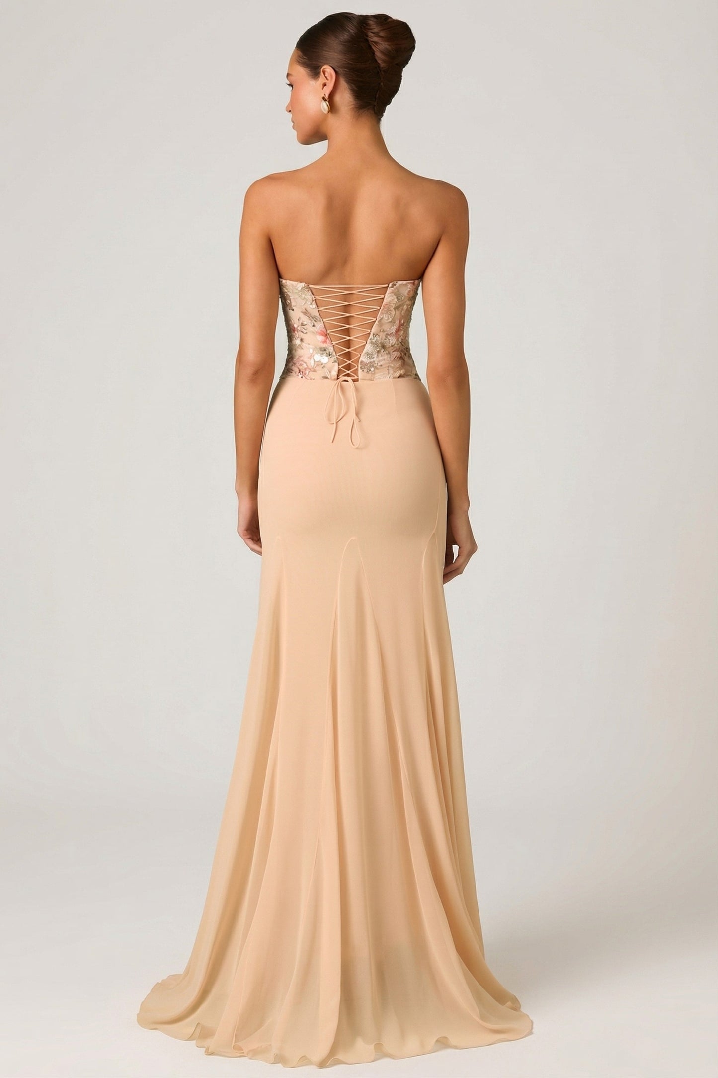 Embellished Corset Fishtail Gown in Floral Beige