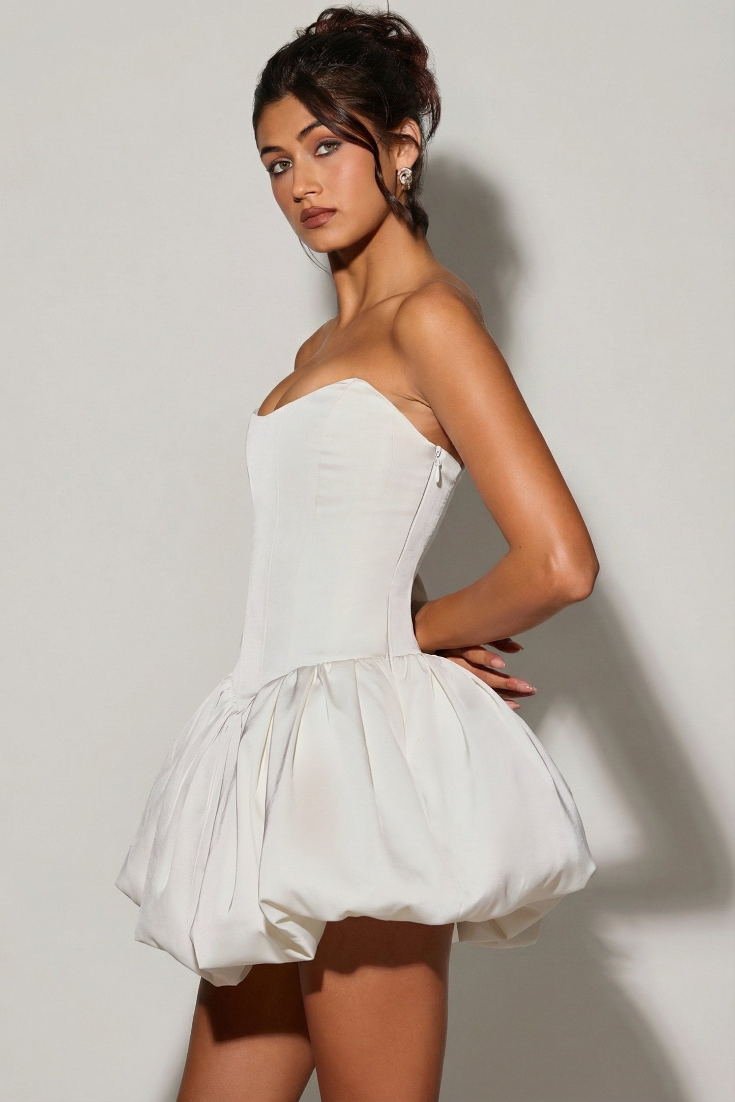 Lace-Up Bubble Hem Corset Micro Mini Dress in White