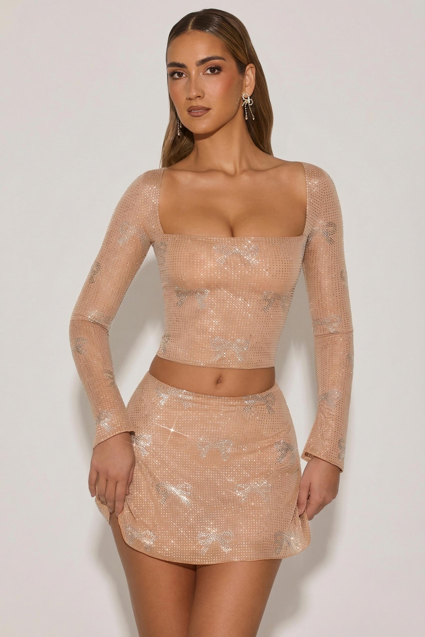 Embellished Bow-Detail Top in Almond
